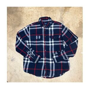 George Plaid Flannel Button Up Shirt M Navy Red White – Classic Y2K Streetwear